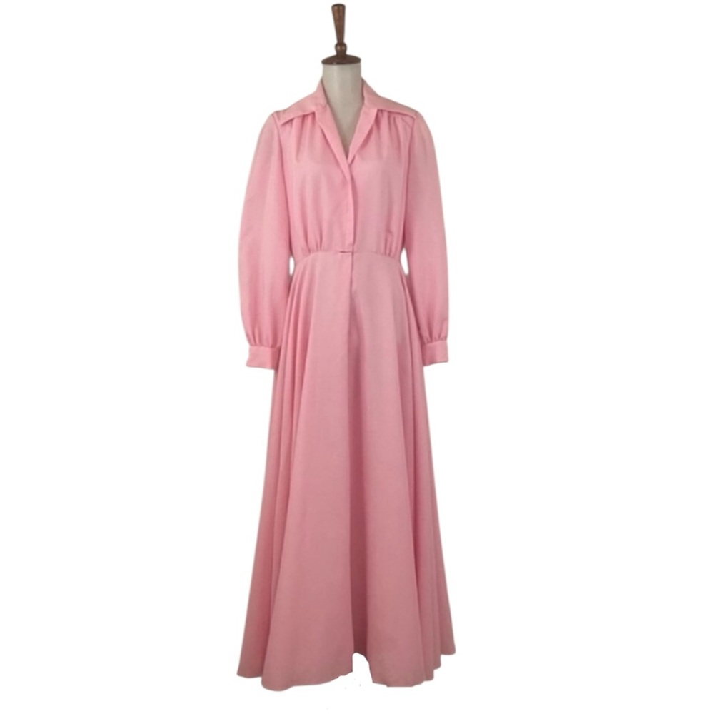 70s Pink Long Sleeve Dress Women’s M Vintage A-Line Maxi Cottage‎ Princess